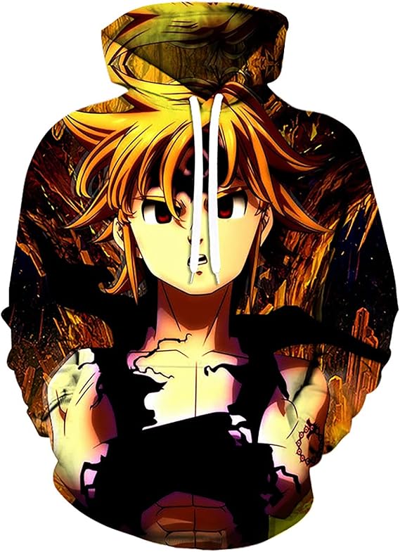 Blohsino Harajuku Anime Hoodie – The Seven Deadly Sins Oversized Pullover with Pocket (Meliodas & Ban Design)